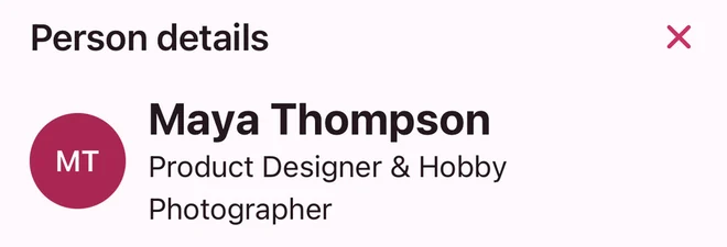 Maya Thompson's actual Person details with her name and subtitle