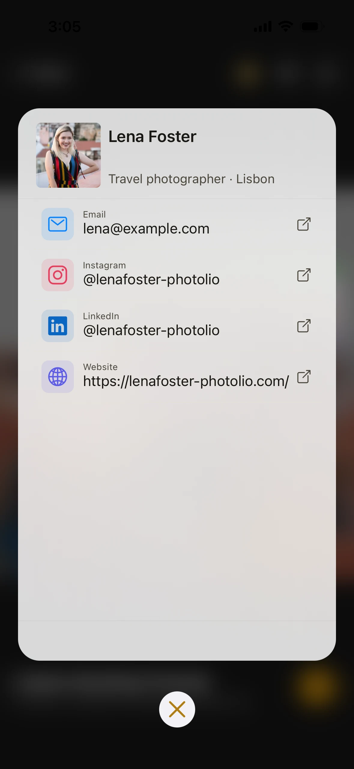 Lena Foster’s Photolio action sheet with email, website, and social handles